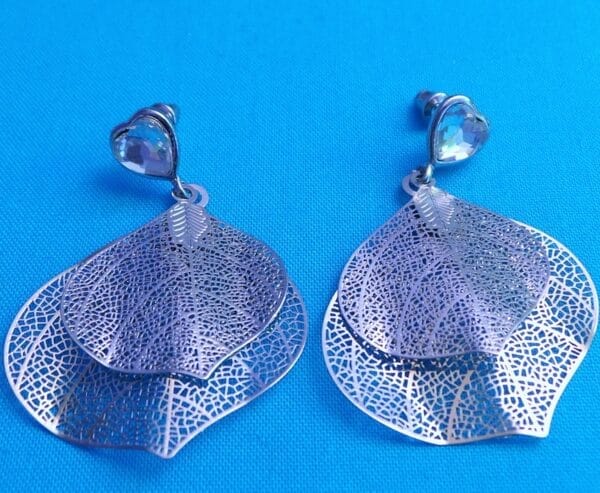 Brass Silver Plated CZ Heart and Leaf Earrings