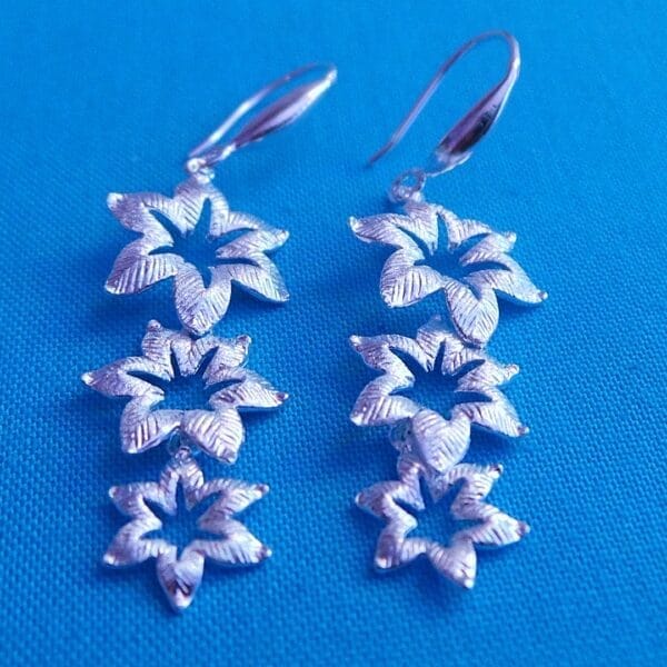 Triple Tiered Hawaiian Blossom Silver Drop Earrings