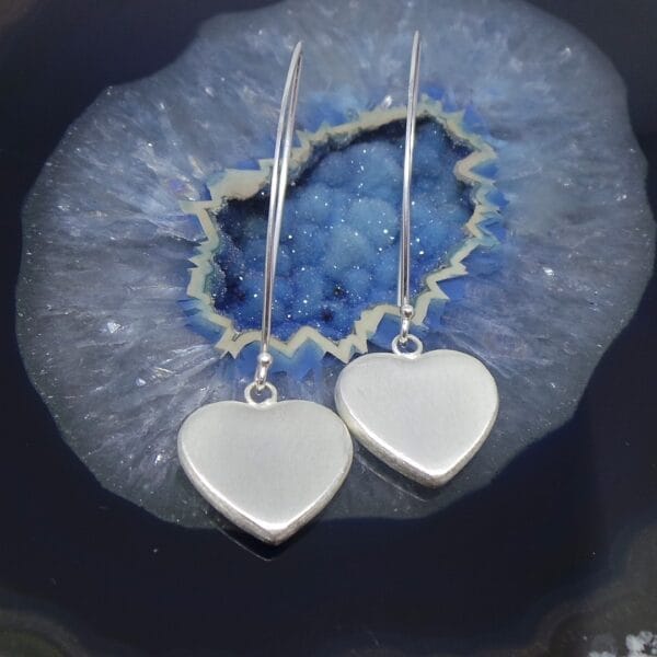 Beautiful Brushed Long Drop Heart Sterling Silver Earrings