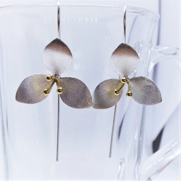 Silver and Gold Coloured Three Petalled Flower Earrings