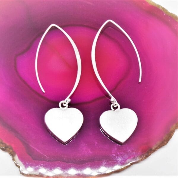 Beautiful Brushed Long Drop Heart Sterling Silver Earrings