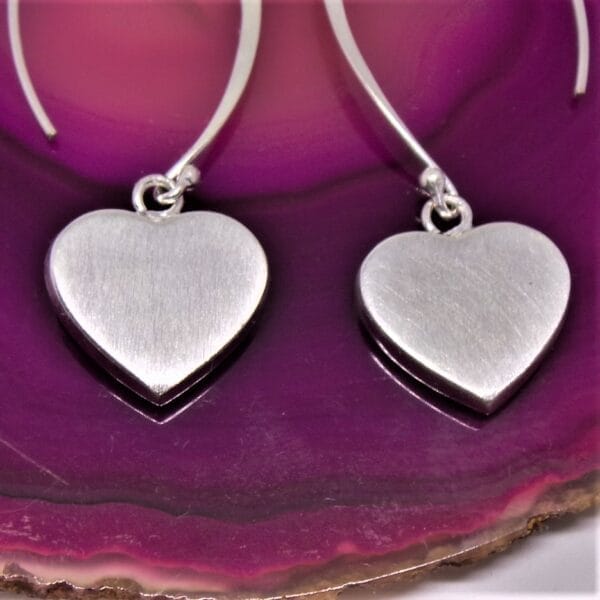 Beautiful Brushed Long Drop Heart Sterling Silver Earrings