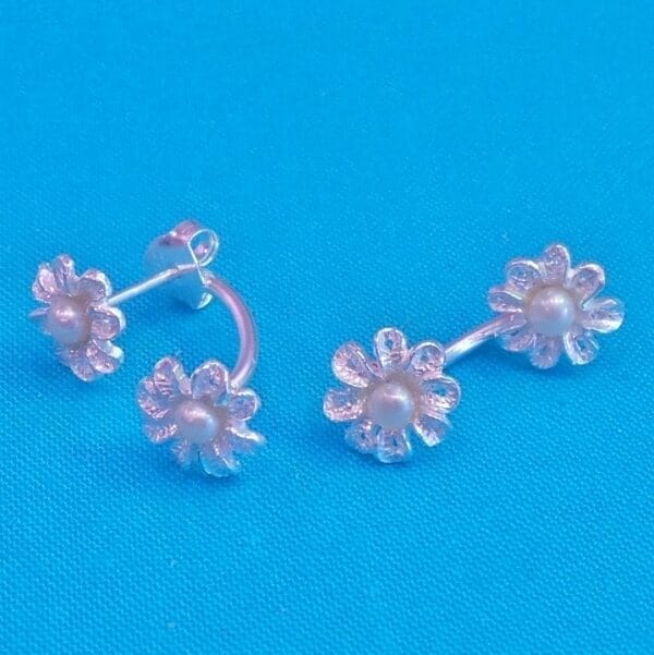 Unusual Double Drop Silver Pearl Flower Earrings