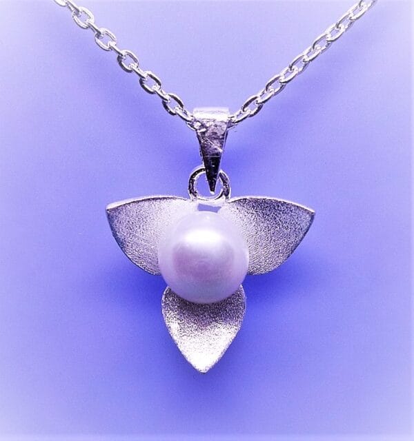 Classic, Delightful ,Sterling Silver Blooming Petal and Pearl Pendant