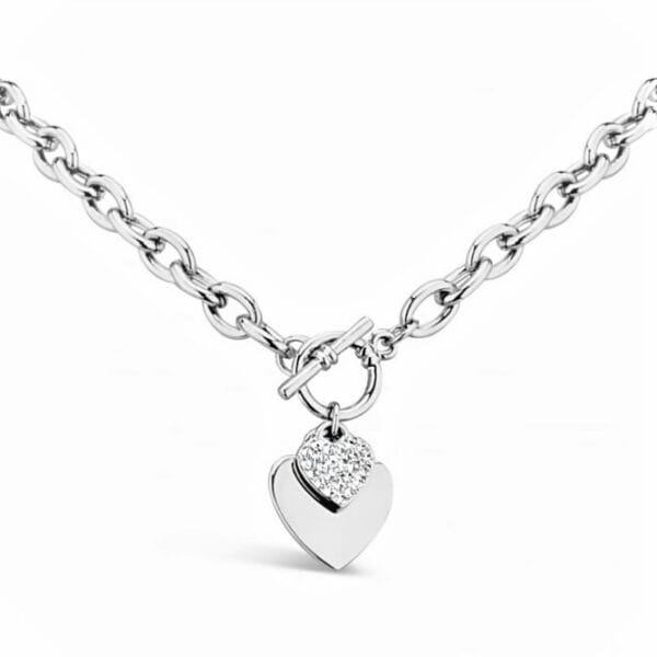 Elegant Imitation Rhodium Plated T-Bar Double Heart Necklace