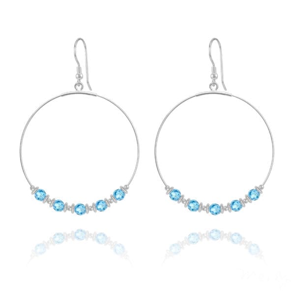 Fabulous Aquamarine 50 mm Hoop Silver Earrings with Swarovski Crystals