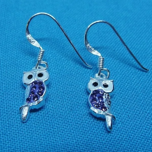 Purple Crystal, Owl, Sterling Silver, Hook, Earrings