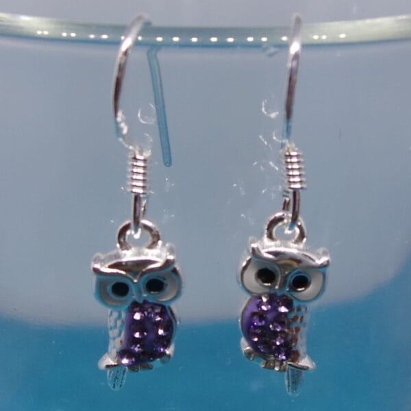 Purple Crystal, Owl, Sterling Silver, Hook, Earrings