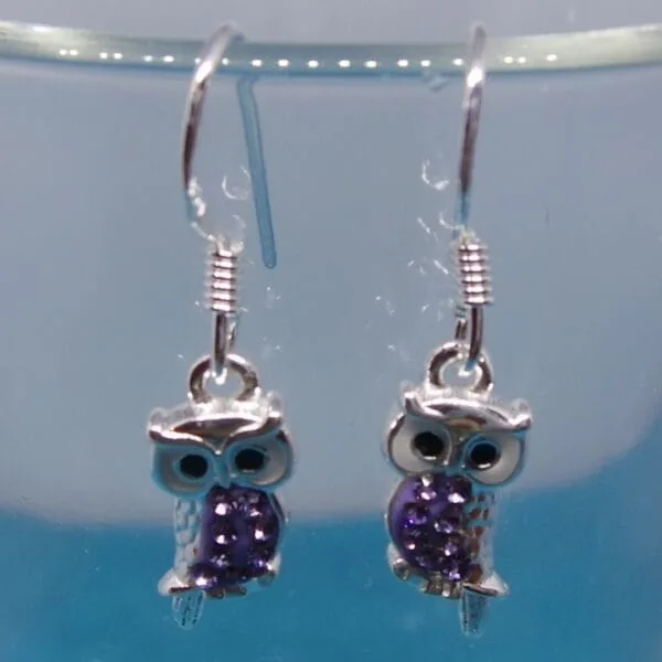 Purple Crystal, Owl, Sterling Silver, Hook, Earrings