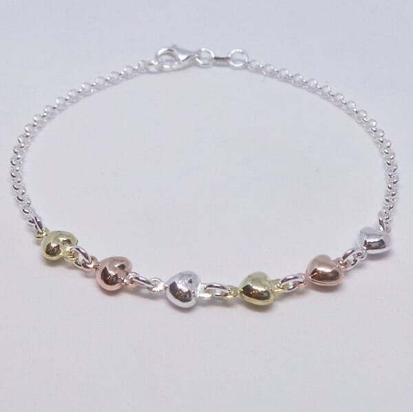 Adorable Sterling Silver Three Coloured Heart Bracelet