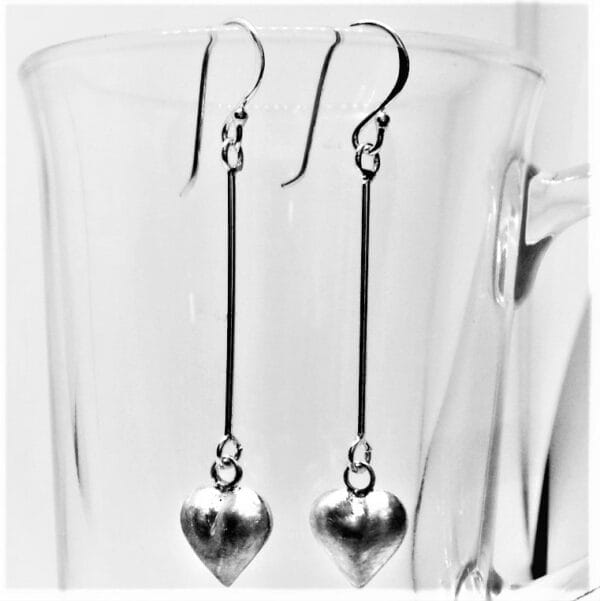 Contemporary, Sterling Silver Long Drop Heart Hook Earrings