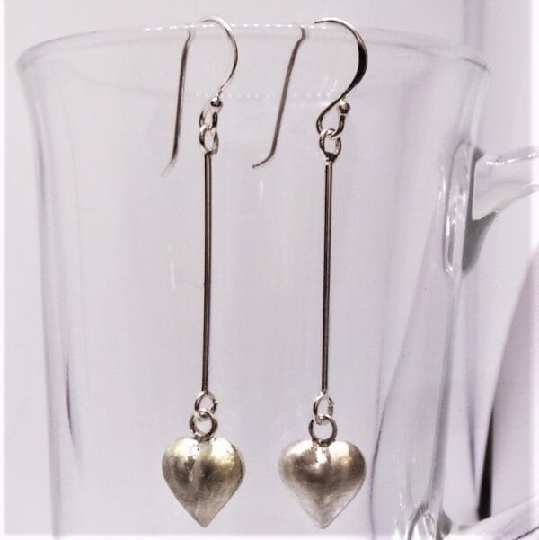 Sleek Sterling Silver Long Drop Matte Heart Earrings