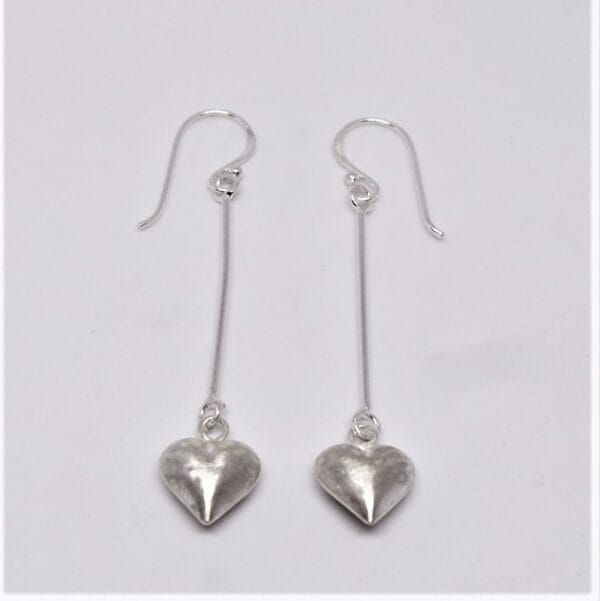 Sleek Sterling Silver Long Drop Matte Heart Earrings