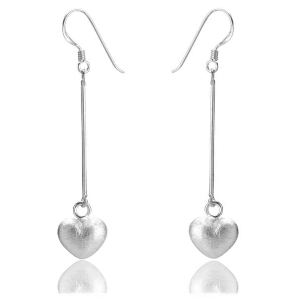 Sleek Sterling Silver Long Drop Matte Heart Earrings