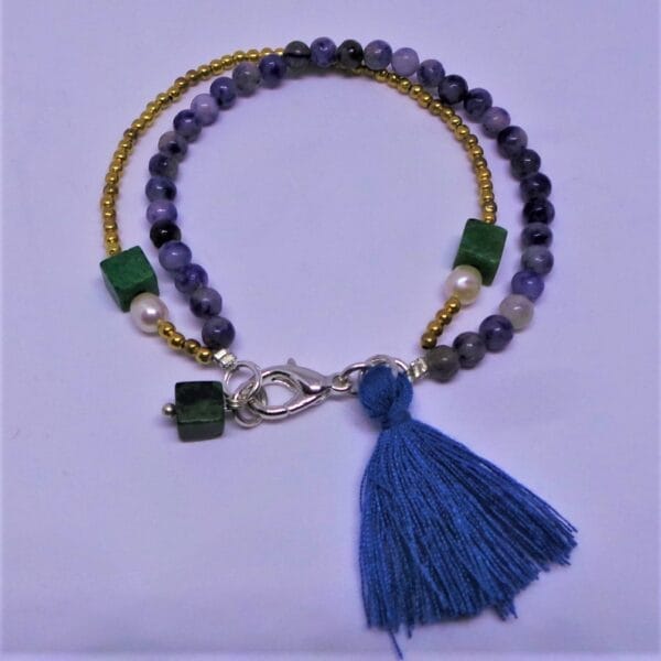 Trending, Fashion, Blue Stone and Gold Plated Tassel Bracelet