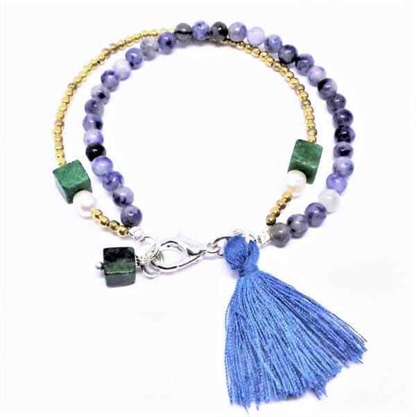 Trending, Fashion, Blue Stone and Gold Plated Tassel Bracelet