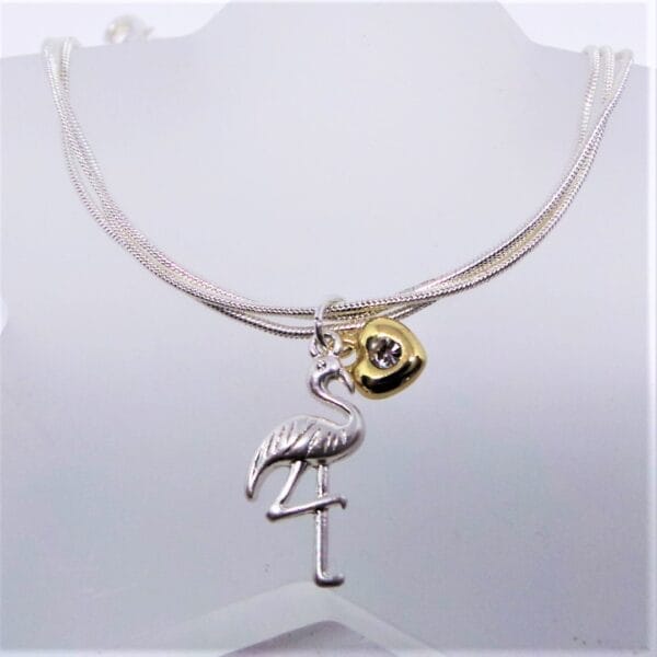 Pretty Silver Plated Bracelet with Flamingo and Heart Charms