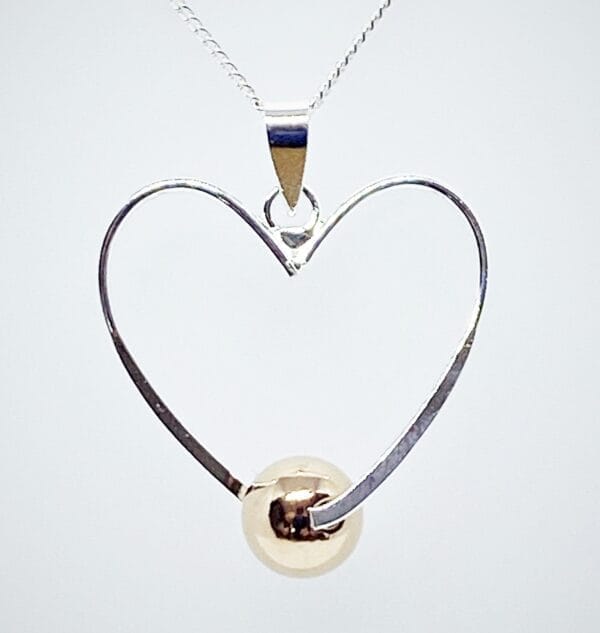 Sterling Silver Contemporary Heart Necklace with Gorgeous Gold Plated Ball